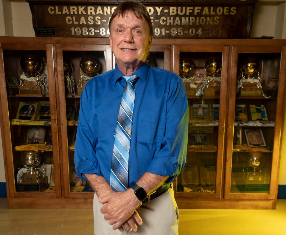 Lamar Rogers, longtime Clarkrange girls basketball coach, is this year’s recipient of the Fred Russell Lifetime Achievement Award. Lamar is the winningest high school girls basketball coach in state history. Rogers poses for a portrait at Clarkrange High School Wednesday, May 18, 2022, in Clarkrange, Tenn. 