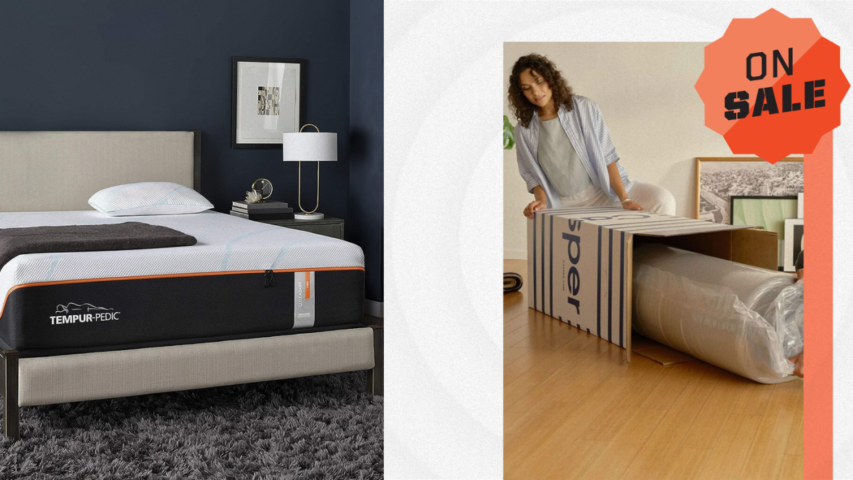 tempur pedic mattress on bed frame, casper mattress in box, on sale