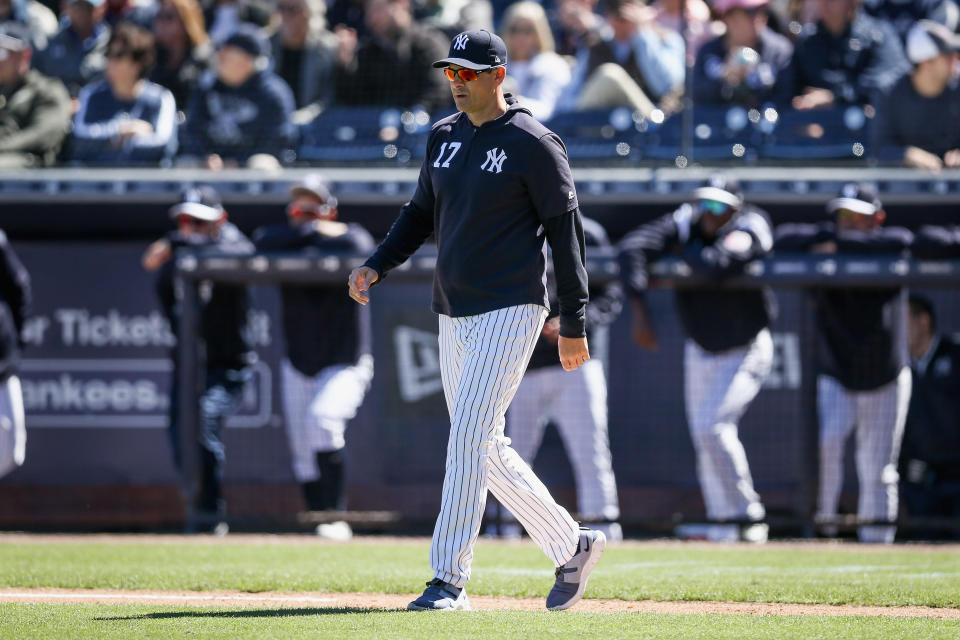 TAMPA, FLORIDA - MARCH 06:  Manager Aaron Boone of the New York Yankees walks across the field in the third inning against the St. Louis Cardinals during the Grapefruit League spring training game at Steinbrenner Field on March 06, 2019 in Tampa, Florida. (Photo by Dylan Buell/Getty Images)