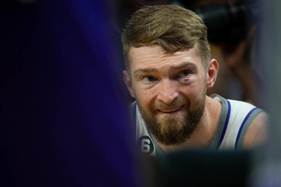 Sacramento Kings center Domantas Sabonis (10) sits on the bench with a black eye during Game 6 of the first-round NBA playoff series at Chase Center on Friday.