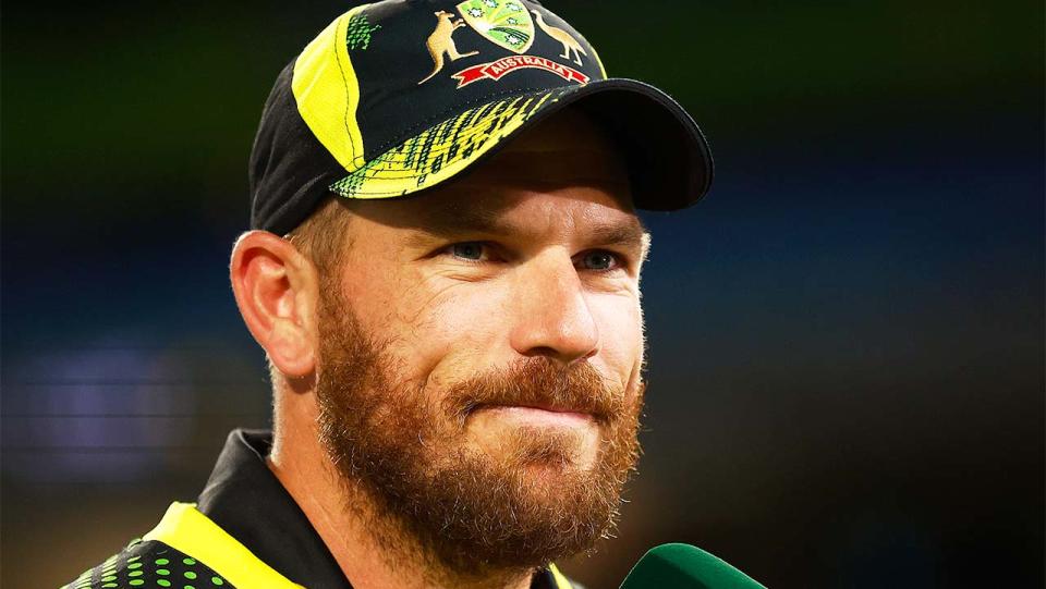 Aaron Finch (pictured) speaking to the media after the match.