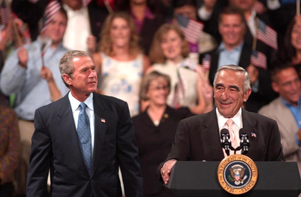 Stockton Mayor Gary Podesto, right, introduces President George W. Bush during the California Welcome event held at the Stockton Civic Memorial Auditorium in downtown Stockton on Aug. 23, 2002.
