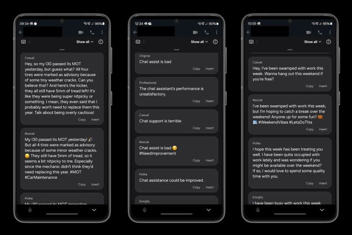 Screenshots taken from the Chat Assist tool on the Samsung Galaxy S24 Ultra.