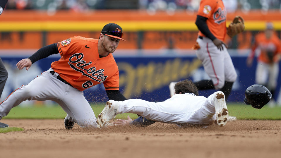Baltimore Orioles second baseman Joey Ortiz (65) tags Detroit Tigers' Matt Vierling out attempting to steal second base in the fifth inning during the first baseball game of a doubleheader, Saturday, April 29, 2023, in Detroit. (AP Photo/Paul Sancya)