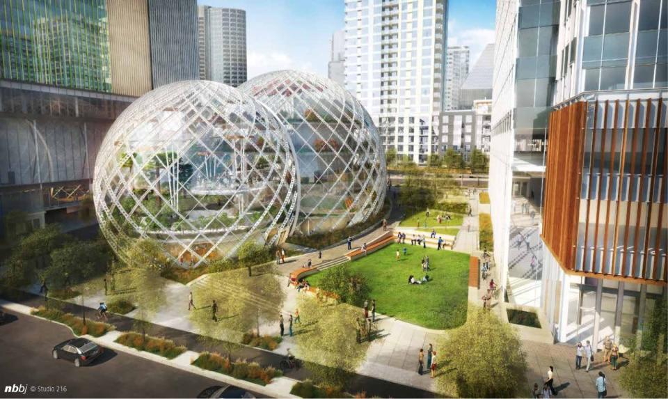 <b>Amazon; Seattle, Wash.</b><br> The domes are meant to be large enough to fit "mature" trees, creating a park-like atmosphere for workers to relax in.