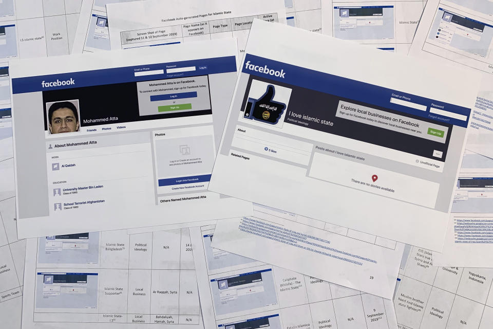Pages from a confidential whistleblower's report obtained by The Associated Press, along with two printed Facebook pages that were active on Tuesday, Sept. 17, 2019, are photographed in Washington. Facebook likes to say that its automated systems remove the vast majority of prohibited content glorifying the Islamic State group and al-Qaida before it’s reported. But a whistleblower’s complaint shows that Facebook itself has inadvertently produced dozens of pages in their names. (AP Photo/Jon Elswick)