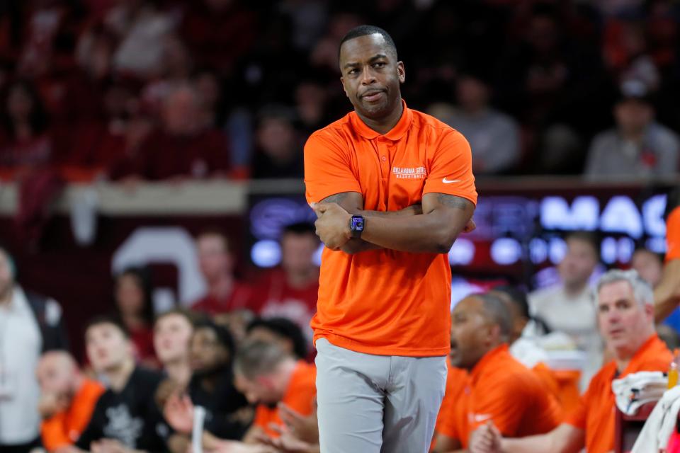 OSU men's basketball coach Mike Boynton, pictured during a 66-62 loss at OU on Feb. 10, was fired after seven seasons leading the Cowboys.