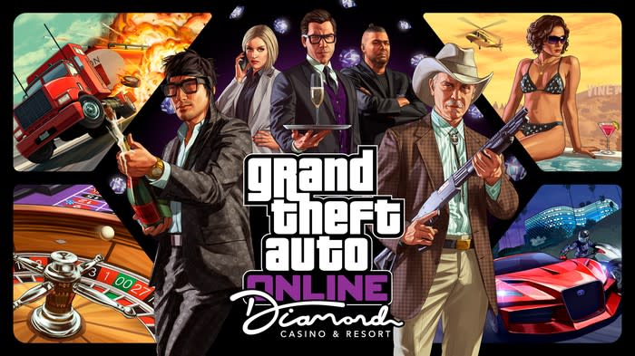 A collage of in-game characters and action scenes from Take-Two's Grand Theft Auto franchise