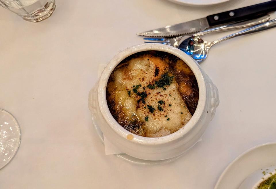 Classic French onion soup, cheesy, sweet and rich in equal measure.