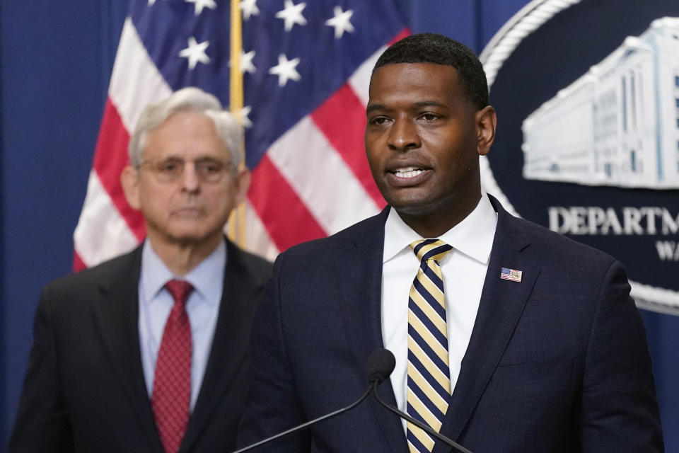 Environmental Protection Agency administrator Michael Regan speaks alongside Attorney General Merrick Garland at a news conference to announce actions to enhance the Biden administration's environmental justice efforts, Thursday, May 5, 2022, at the Department of Justice in Washington. (AP Photo/Patrick Semansky)