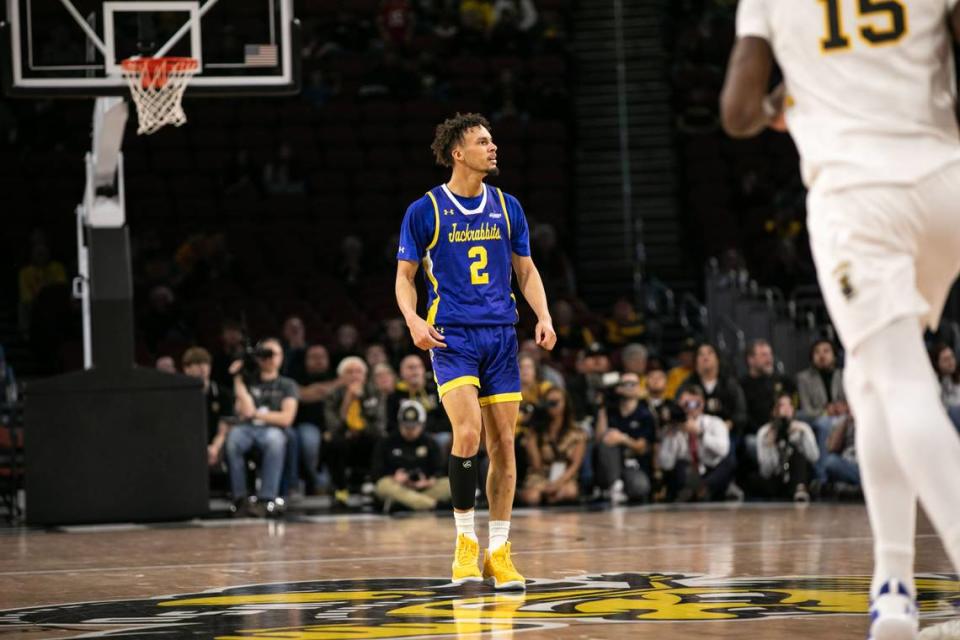 South Dakota State junior guard Zeke Mayo in a game against Wichita State at INTRUST Bank Arena on Dec. 9, 2023. Mayo scored 25 points as the Jackrabbits picked up a 79-69 road win.