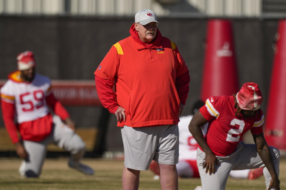 Kansas City Chiefs head coach Andy Reid watches an NFL football workout Thursday, Feb. 2, 2023, in Kansas City, Mo. The Chiefs are scheduled to play the Philadelphia Eagles in Super Bowl LVII on Sunday, Feb. 12, 2023. (AP Photo/Charlie Riedel)