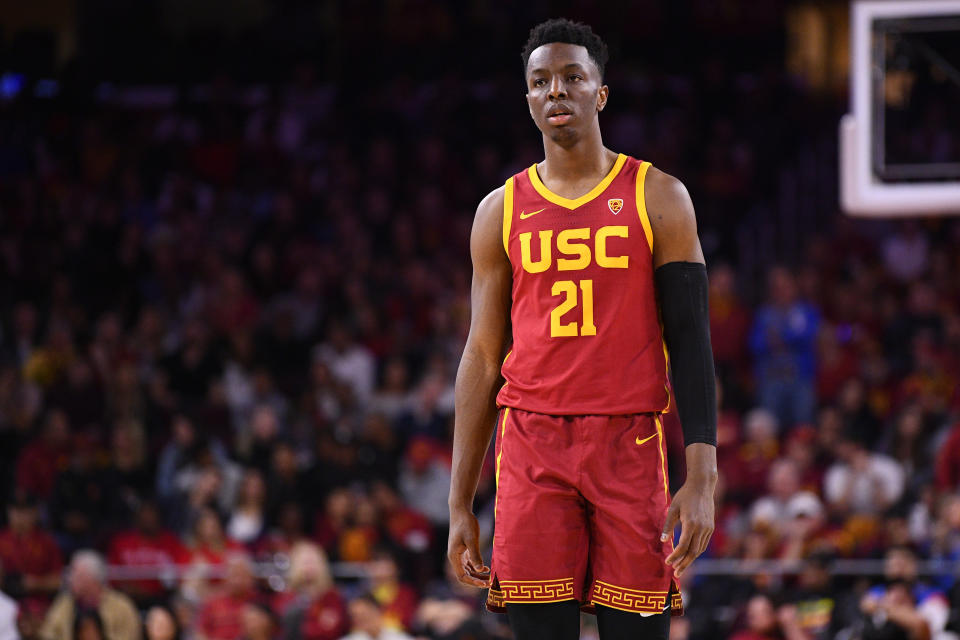 USC Trojans forward Onyeka Okongwu (21) looks on during the college basketball game between the UCLA Bruins and the USC Trojans.