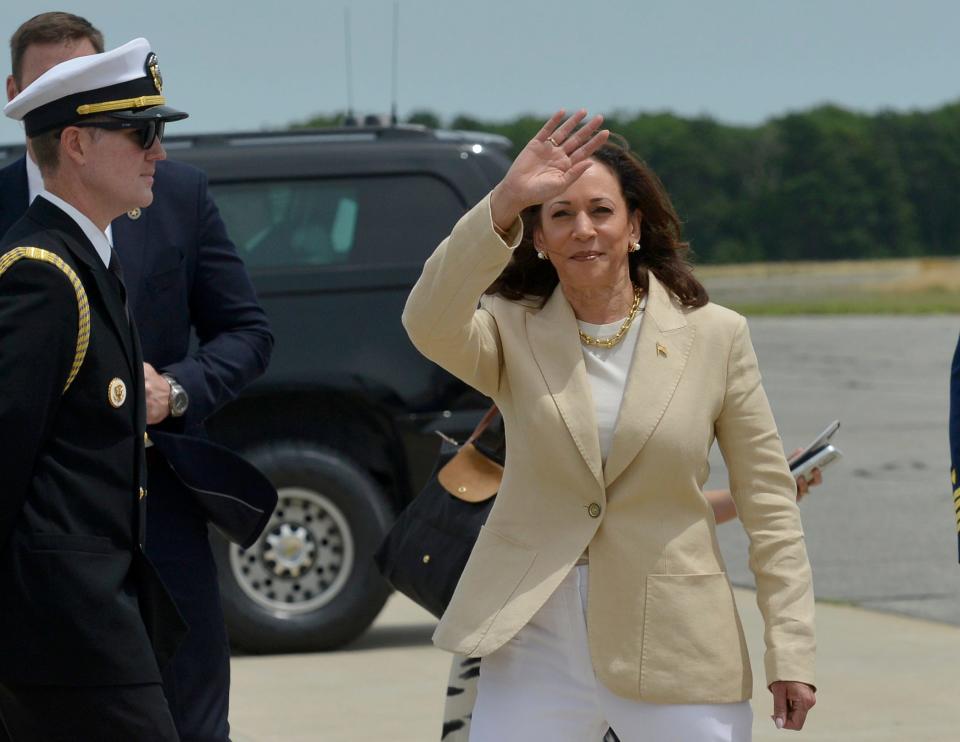 Vice President Kamala Harris arrived on Saturday at Joint Base Cape Cod on her way to a campaign fundraiser at the Pilgrim Monument and Provincetown Museum in Provincetown. The event raised about $2 million and will benefit the Biden Victory Fund, according to the White House.