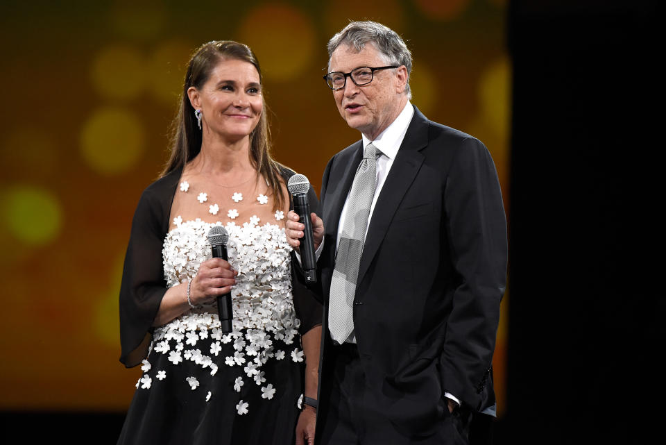 NEW YORK, NY - MAY 14:  Melinda Gates and Bill Gates speak on stage during The Robin Hood Foundation's 2018 benefit at Jacob Javitz Center on May 14, 2018 in New York City.  (Photo by Kevin Mazur/Getty Images for Robin Hood)