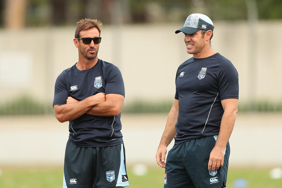 Brad Fittler speaks to Andrew Johns during Blues camp.