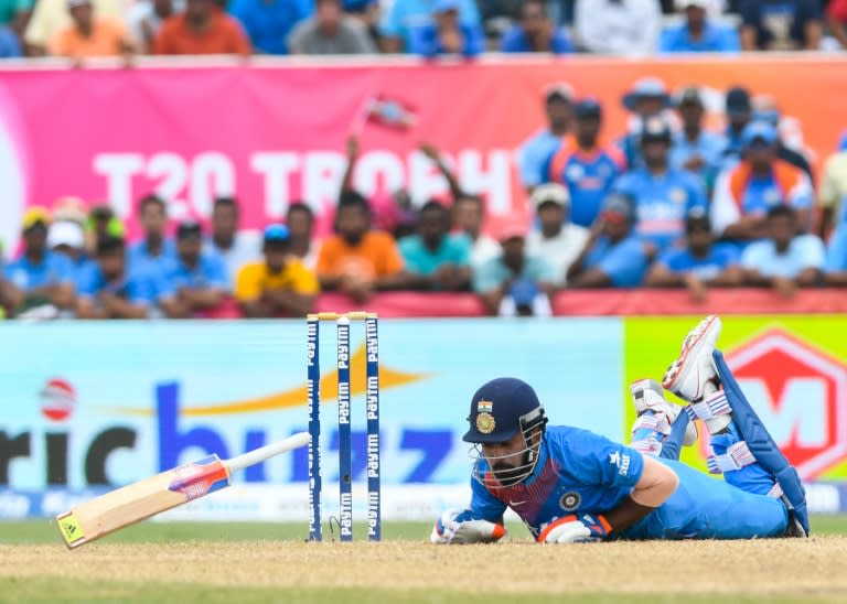 KL Rahul of India falls on the pitch during the 1st T20i between West Indies and India at Central Broward Stadium in Fort Lauderdale, Florida, on August 27, 2016