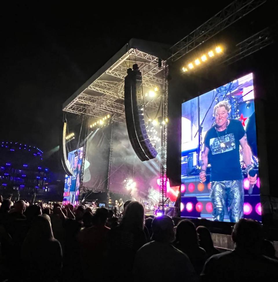 Guns N' Roses performing at PNC Park in Pittsburgh, Penn., on August 21, 2023. Shown on the video screen is band co-founder and lead singer Axl Rose.