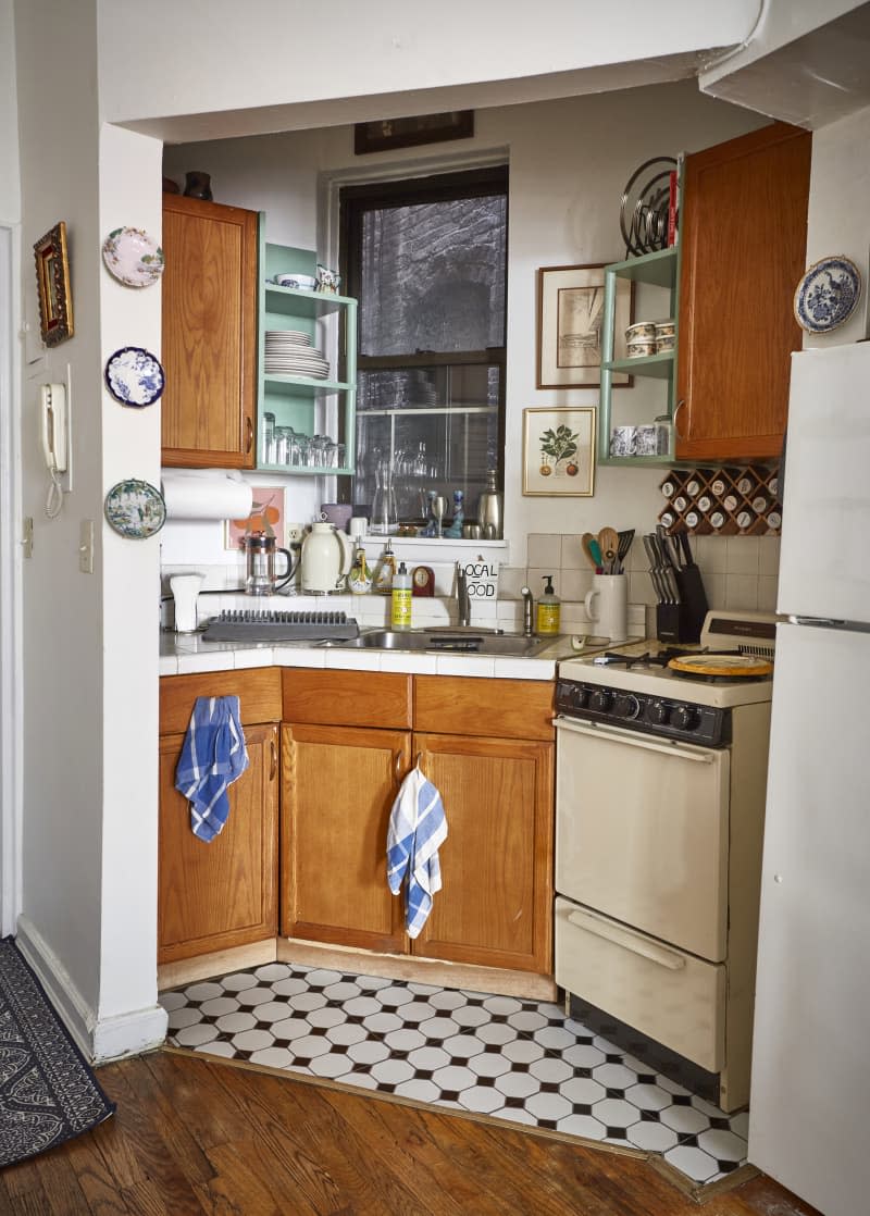 Small kitchen with some open shelves in NYC apartment.