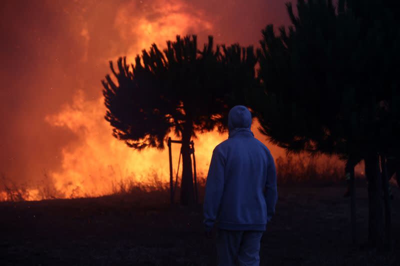 A person watches a wildfire in Cascais