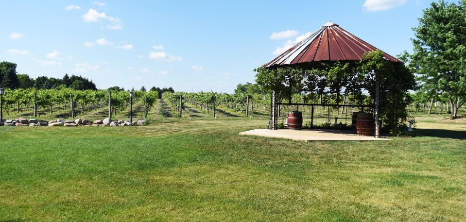 Corn Crib stage is the spot for musicians during outdoor music events at Prairie Moon Winery and Vineyards in Ames, Iowa.