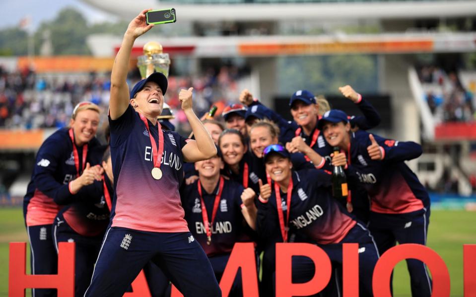 File photo dated 23-07-2017 of England's Katherine Brunt takes a selfie with the team as they celebrate with the trophy during the ICC Women's World Cup Final at Lord's - PA
