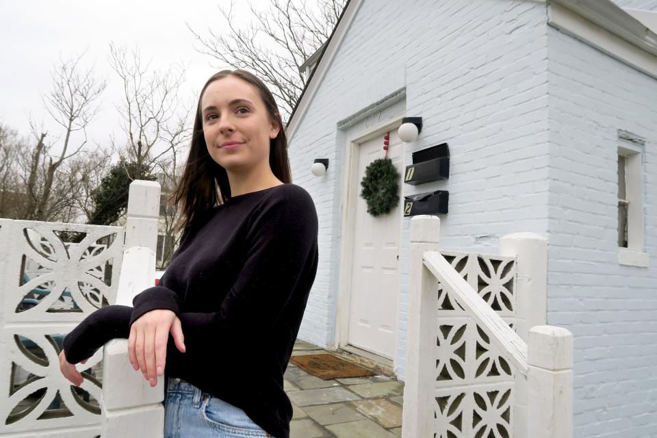 Ava Dolias, who has been renting in Long Branch with her boyfriend this winter, is shown outside her apartment Thursday, March 7, 2023. Renters searching for affordable prices can find them at the Shore in its stock of winter rentals, but what happens when their lease is up and they have to search for a new place to live during the busy summer season?