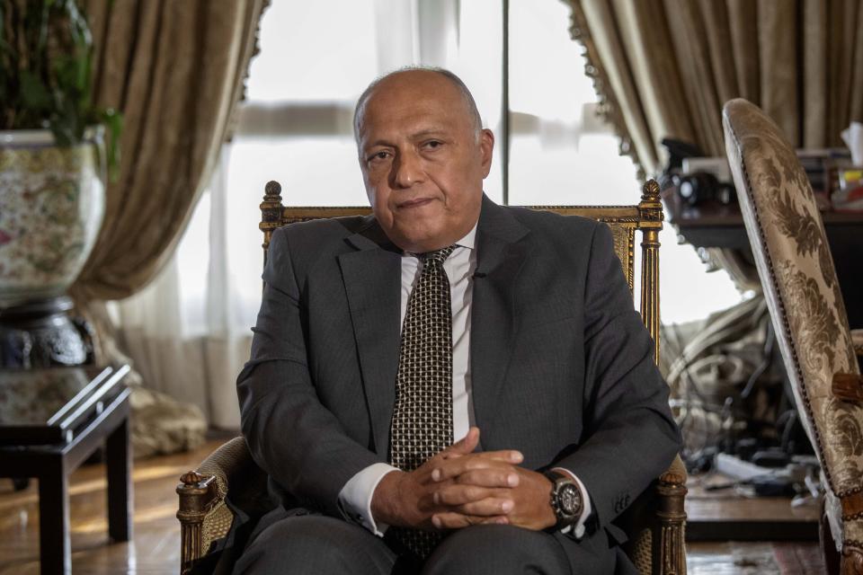 Egyptian Foreign Minister Sameh Shukry listens during an interview with The Associated Press at his office, in Cairo, Egypt, Sunday, June 21, 2020. Egypt wants the United Nations Security Council to "undertake its responsibilities" and prevent Ethiopia from starting to fill its massive, newly built hydroelectric dam on the Nile River next month amid a breakdown in negotiations, Shukry told The Associated Press on Sunday, accusing Ethiopian officials of stoking antagonism between the countries. (AP Photo/Nariman El-Mofty)