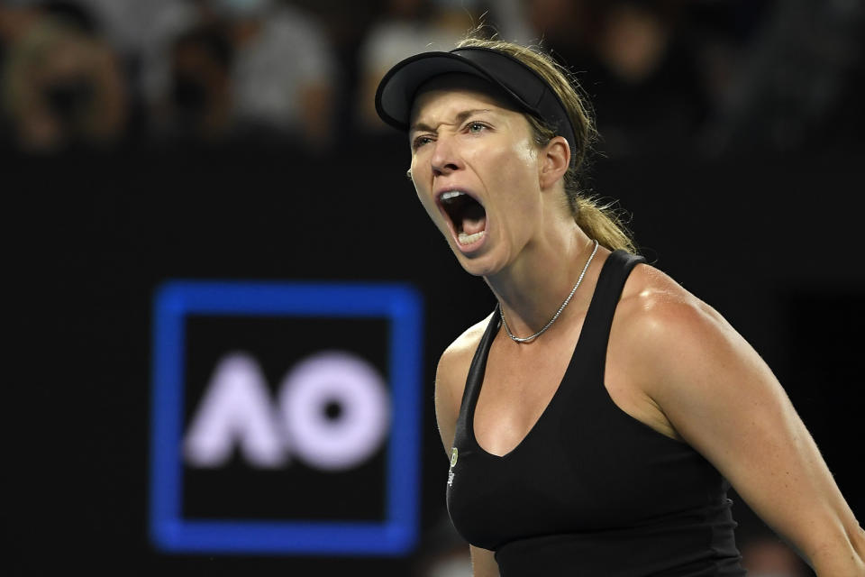 Danielle Collins of the U.S. celebrates after winning a point against Ash Barty of Australia during the women's singles final at the Australian Open tennis championships in Saturday, Jan. 29, 2022, in Melbourne, Australia. (AP Photo/Andy Brownbill)