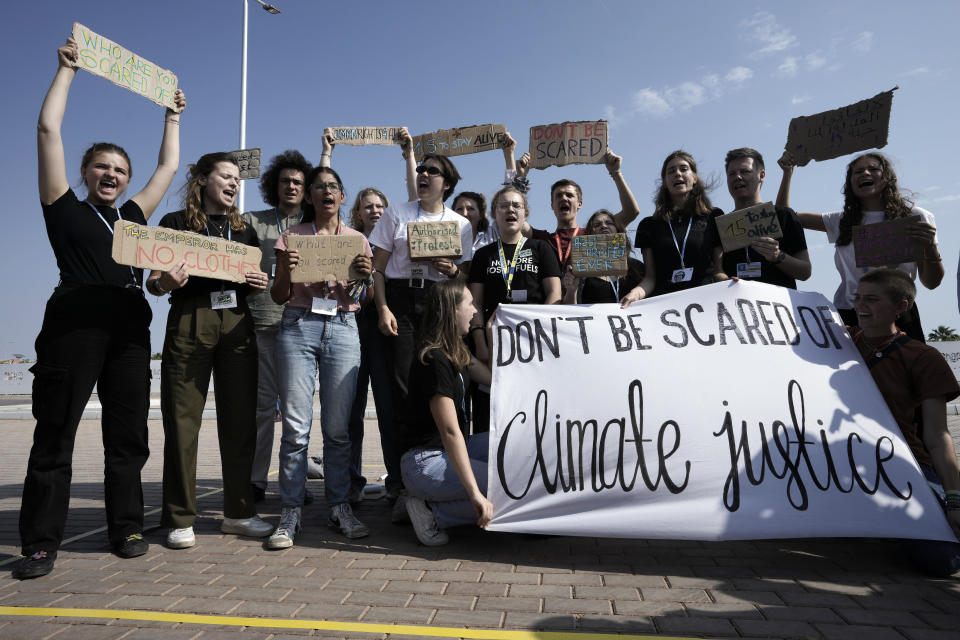 Climate activists participate in a demonstration at the designated protest zone for the COP27 U.N. Climate Summit, Tuesday, Nov. 15, 2022, in Sharm el-Sheikh, Egypt. (AP Photo/Nariman El-Mofty)