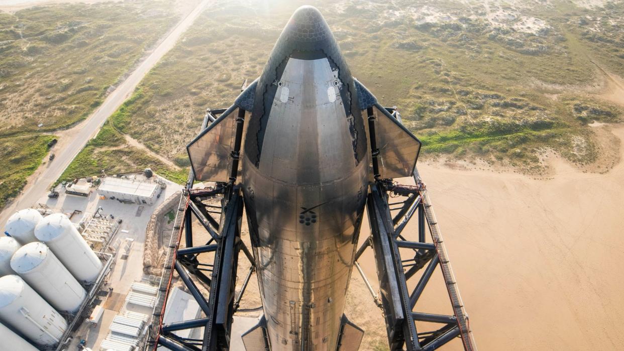  An overhead view of SpaceX's Starship on the launch pad ahead of its planned orbital test flight. 