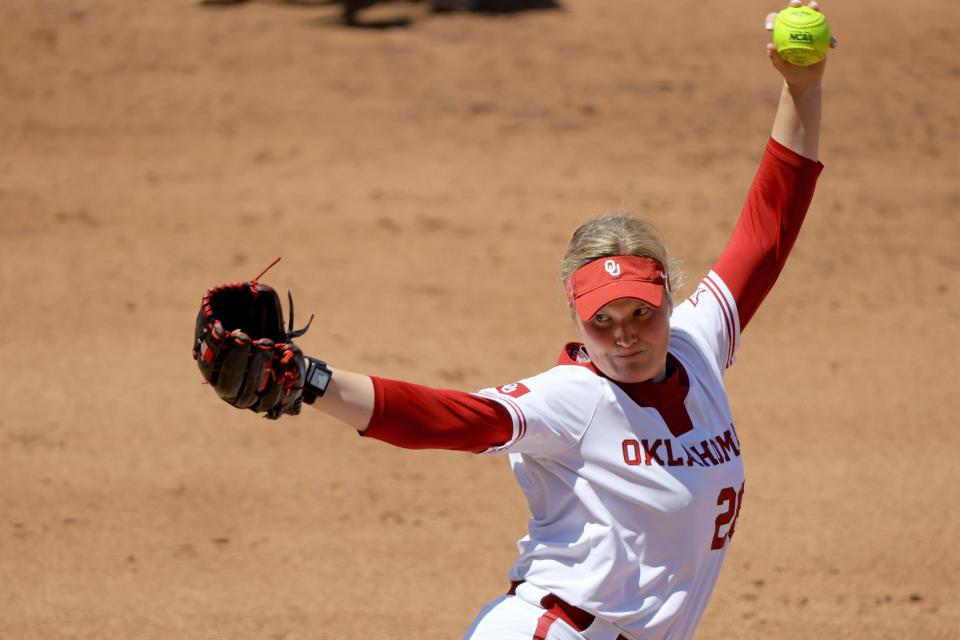 Oklahoma's Kelly Maxwell (28) pitches during a college softball game between the University of Oklahoma Sooners (OU) and BYU at Love's Field in Norman, Okla., Saturday, April 13, 2024. Oklahoma won 7-3.