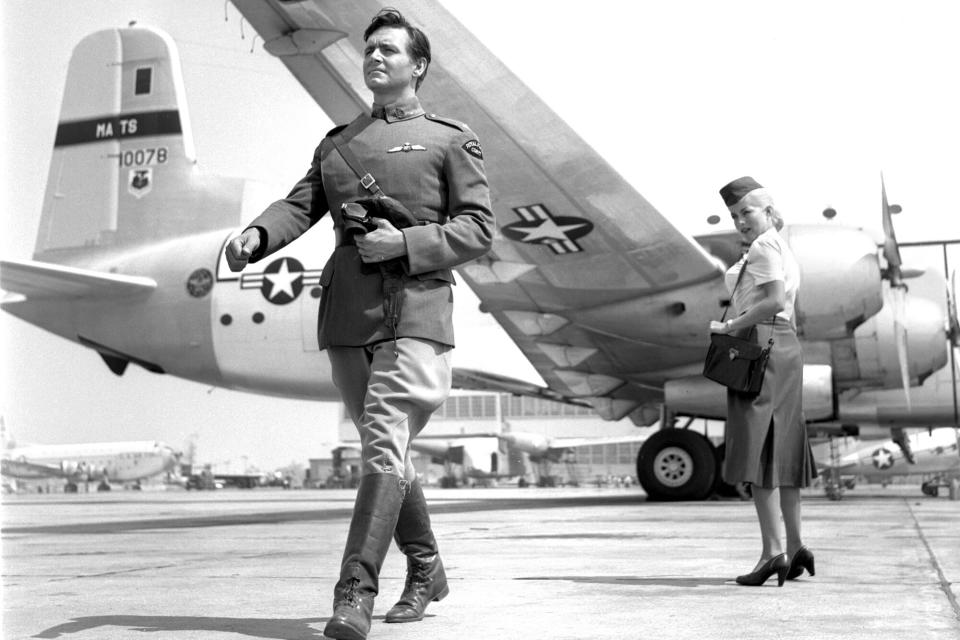 LOS ANGELES - JULY 17: The Twilight Zone episode, The Last Flight. Pictured is Kenneth Haigh (as Lt. William Terrance Decker, Royal Flying Corps), pilot of a Nieuport 17 biplane. He appears from the past, from the year 1917. Original broadcast, February 5, 1960. Image dated July 17, 1959. (Photo by CBS via Getty Images)