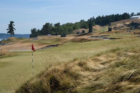 Jun 15, 2015; University Place, WA, USA; General view of the 16th hole during practice rounds on Monday at Chambers Bay. John David Mercer-USA TODAY Sports