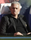 ManU coach Jose Mourinho grimaces during their English Premier League soccer match between Chelsea and Manchester United at Stamford Bridge stadium in London Saturday, Oct. 20, 2018. (AP Photo/Matt Dunham)