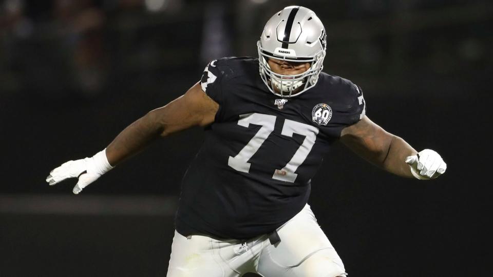 Mandatory Credit: Photo by Peter Joneleit/AP/Shutterstock (10447751a)Oakland Raiders offensive tackle Trent Brown (77) protects a gap in the offensive line during an NFL football game against the Denver Broncos, in Oakland, Calif.