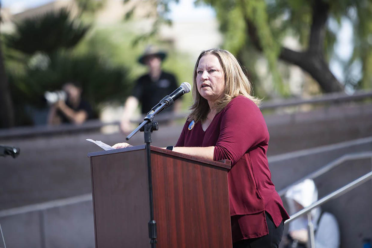 Arizona Senate candidate Cindy Hans speaks about abortion access in Arizona at Wesley Bolin Plaza in Phoenix on Oct. 8,