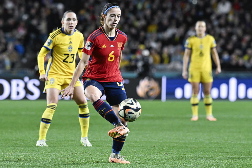 Spain's Aitana Bonmati passes the ball during the Women's World Cup semifinal soccer match between Sweden and Spain at Eden Park in Auckland, New Zealand, Tuesday, Aug. 15, 2023. (AP Photo/Andrew Cornaga)