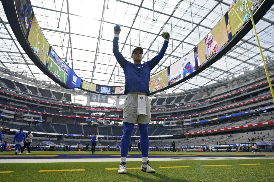 Los Angeles Rams backup quarterback Brett Rypien warms up prior to an NFL football game against the Pittsburgh Steelers Sunday, Oct. 22, 2023, in Inglewood, Calif. (AP Photo/Ashley Landis)