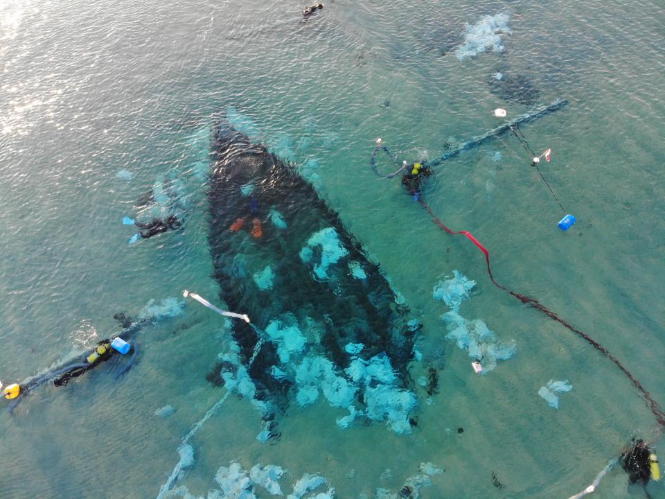 An aerial view of the excavation on the Ma'gan Michael B ship