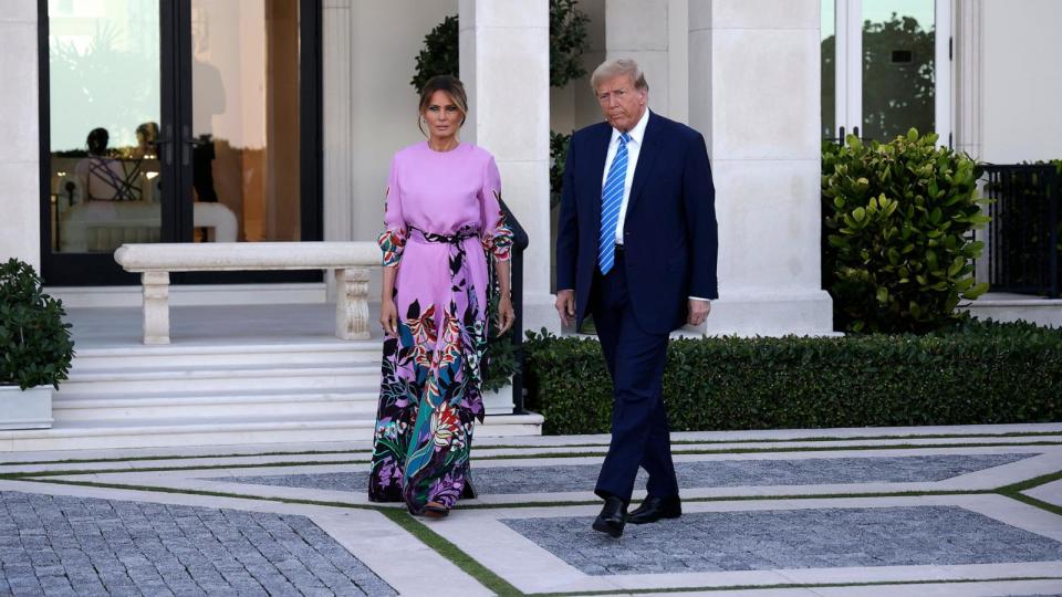 PHOTO: In this April 6, 2024, file photo, Republican presidential candidate, former President Donald Trump and former first lady Melania Trump arrive at the home of billionaire investor John Paulson in Palm Beach, Fla. (Alon Skuy/Getty Images, FILE)