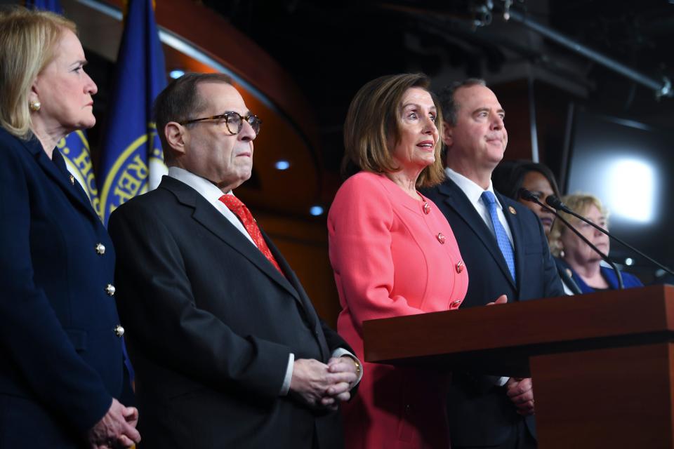 House Speaker Nancy Pelosi announces the impeachment managers at the Capitol on Jan. 15: Intelligence Committee Chairman Adam Schiff, D-Calif.; Judiciary Committee Chairman Jerry Nadler, D-N.Y.; and Reps. Hakeem Jeffries, D-N.Y.; Val Demings, D-Fla.; Zoe Lofgren, D-Calif.; Jason Crow, D-Colo.; and Sylvia Garcia, D-Texas. Schiff was named the lead manager.