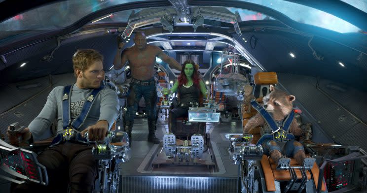 The Guardians: Star-Lord (Chris Pratt), Drax (Dave Bautista), Gamora (Zoe Saldana), Groot (Vin Diesel), and Rocket (Bradley Cooper)