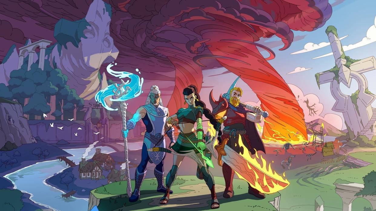  Stormforge key art - three heroic looking characters in cartoon cel shaded style stand in front of a fantasy landscape filled with tornadoes. 