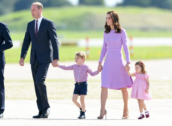 Prince William, Duke of Cambridge, Prince George, Princess Charlotte of Cambridge and Catherine, Duchess of Cambridge at Germany's Hamburg airport on July 21, 2017.