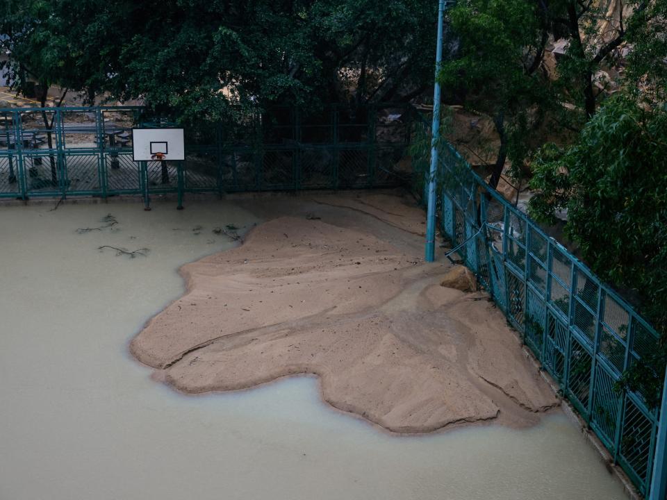A view of a basketball court damaged due to a landside after heavy rains, in Hong Kong, China, September 8, 2023.