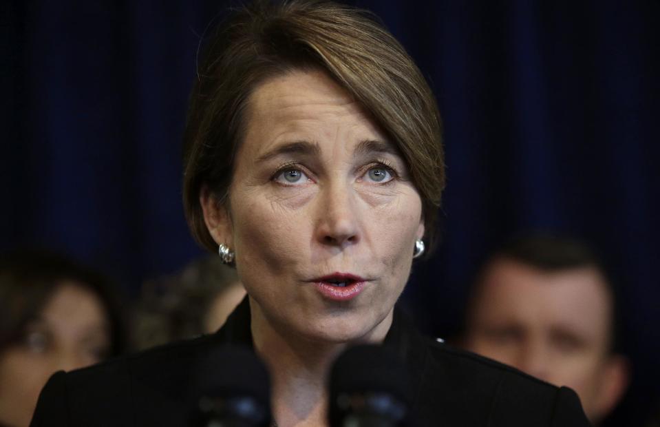 Massachusetts Attorney General Maura Healey takes questions from reporters during a news conference Tuesday, Jan. 31, 2017, in Boston. Healey is joining a lawsuit filed by the American Civil Liberties Union of Massachusetts challenging President Donald Trump's executive order on immigration. (AP Photo/Steven Senne)