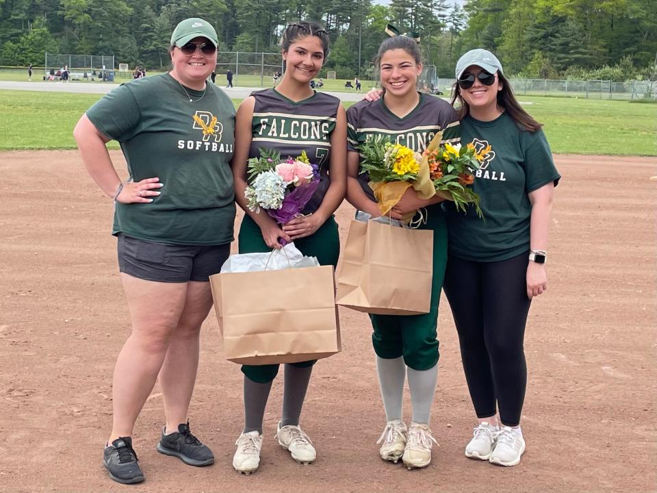 From to left to right: Dighton-Rehoboth softball coach Katie Holmes, Caitlin Morgado, Eliana Raposo and assistant coach Steph Polliuci.