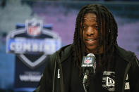 Colorado wide receiver Laviska Shenault Jr. speaks during a press conference at the NFL football scouting combine in Indianapolis, Tuesday, Feb. 25, 2020. (AP Photo/Michael Conroy)
