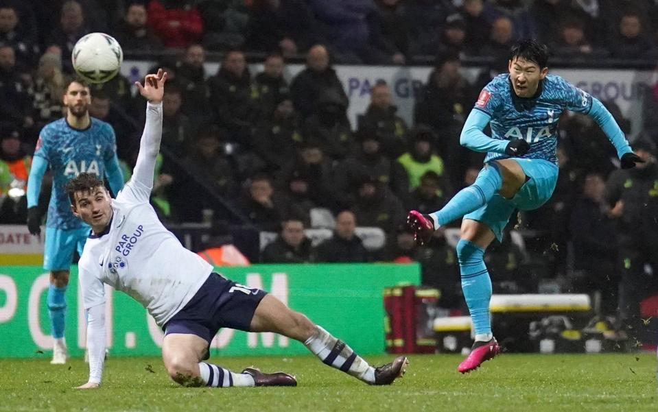 Tottenham Hotspur's Son Heung-min scores their side's first goal of the game during the Emirates FA Cup fourth round match at Deepdale - Tim Goode/PA